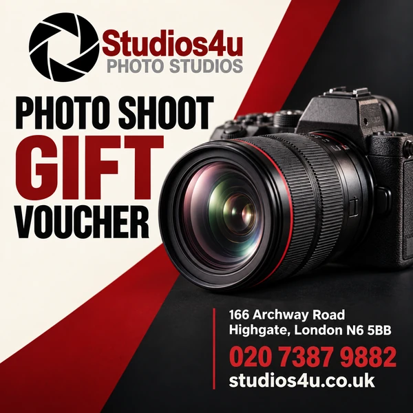 Studios4u photography gift voucher with camera and Highgate contact details