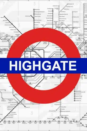 Highgate Underground sign over a North London transport map